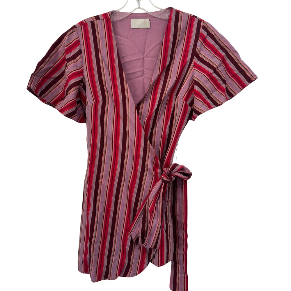 TJD Wrap Mini Dress Red Burgundy Mauve Striped Metallic Herringbone XS